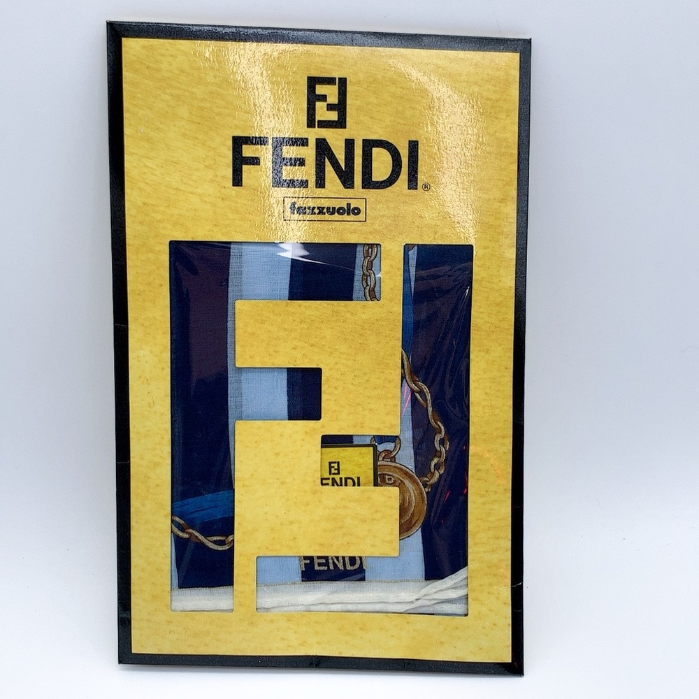 Fendi Blue and Gold Chain Motif 100% Cotton Handkerchief
